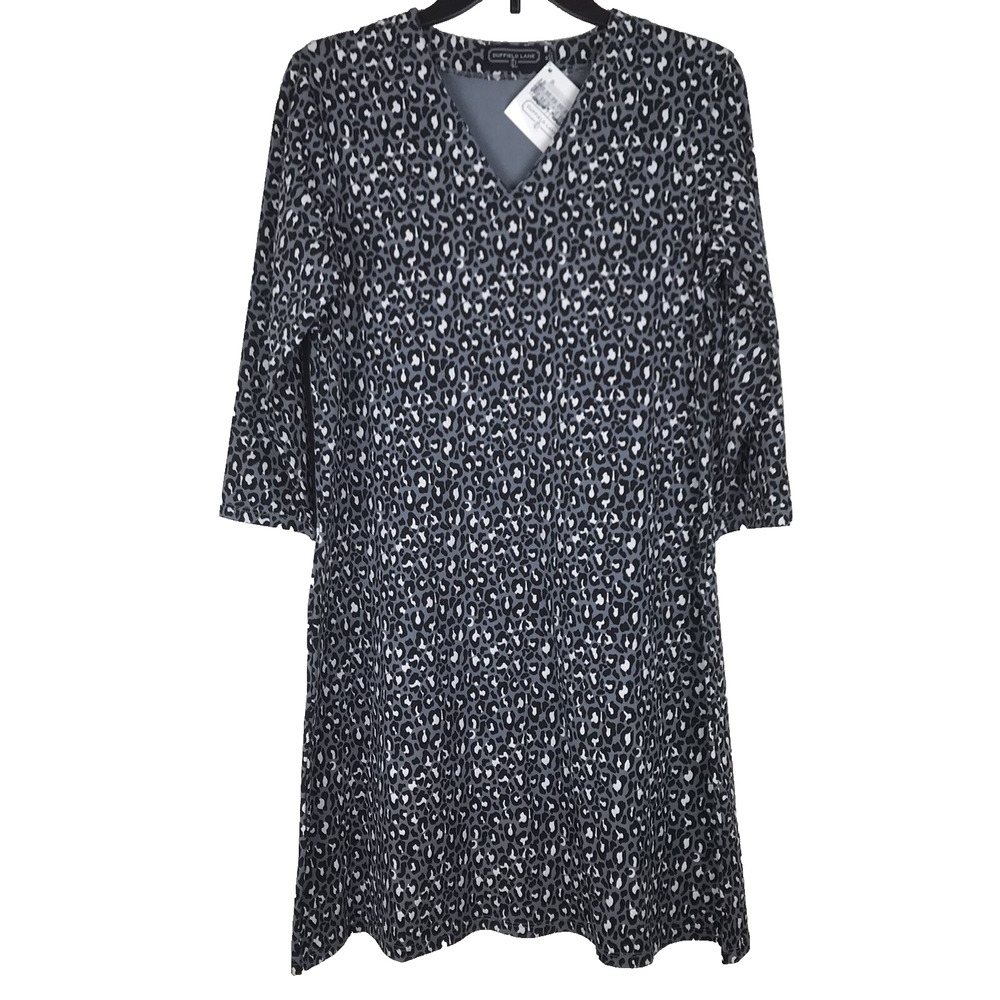 NWT Duffield Lane Maren Dress V-Neck 3/4 Sleeve Mini Dress Gray Leopard Medium